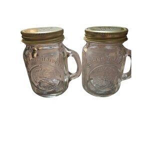 Set Of 2 Golden Harvest Glass Mason Jar Salt & Pepper Shakers With Handles & Gol